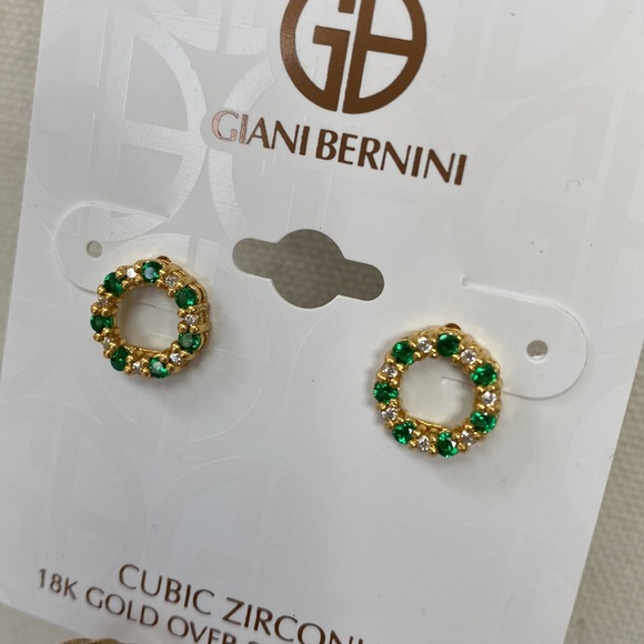 Dainty 18k GP sparkly CZ green open circle earrings - Picture 2 of 4